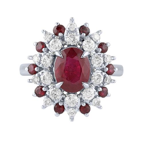 Ruby and Diamond Floral Cluster Ring - 0.90 Ct. T.w. in 14K White Gold