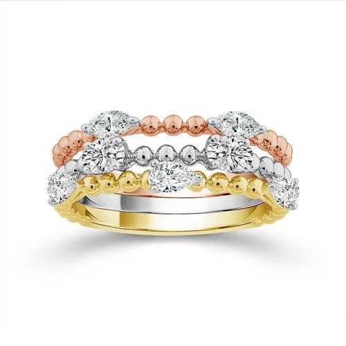 Bella by Ovani® Lab-grown Diamonds Gold Beaded (Pear, Round, and Marquise Accents) Stackable Bands 0.75 Ct. T.w. in 14K Tricolor Gold