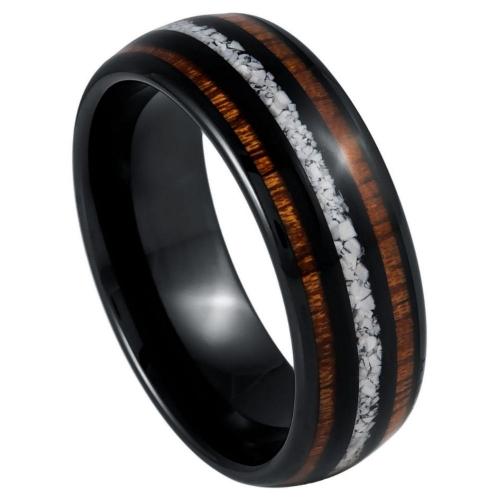 Black IP Plated Koa & Crushed White Turquoise Inlay - 8MM Band