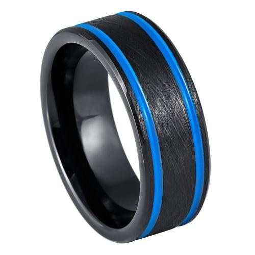 Black IP Beveled Edge, Blue IP Off Center Grooves - 8MM Band